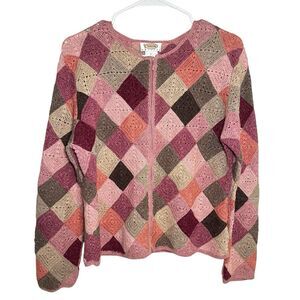 Talbots Crochet Checkered Square Cardigan Full Zip Vintage Pink Women Petite L
